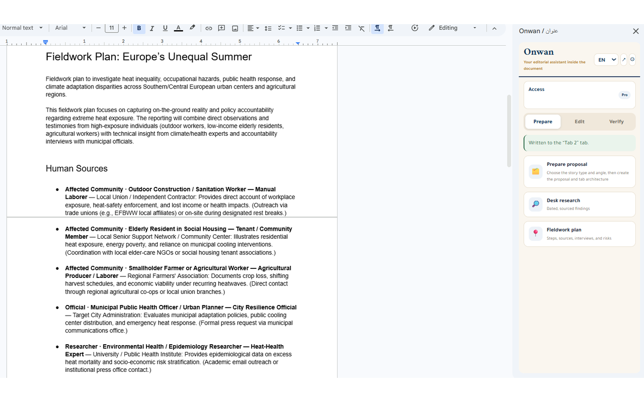 An English fieldwork plan with sources and interview questions.